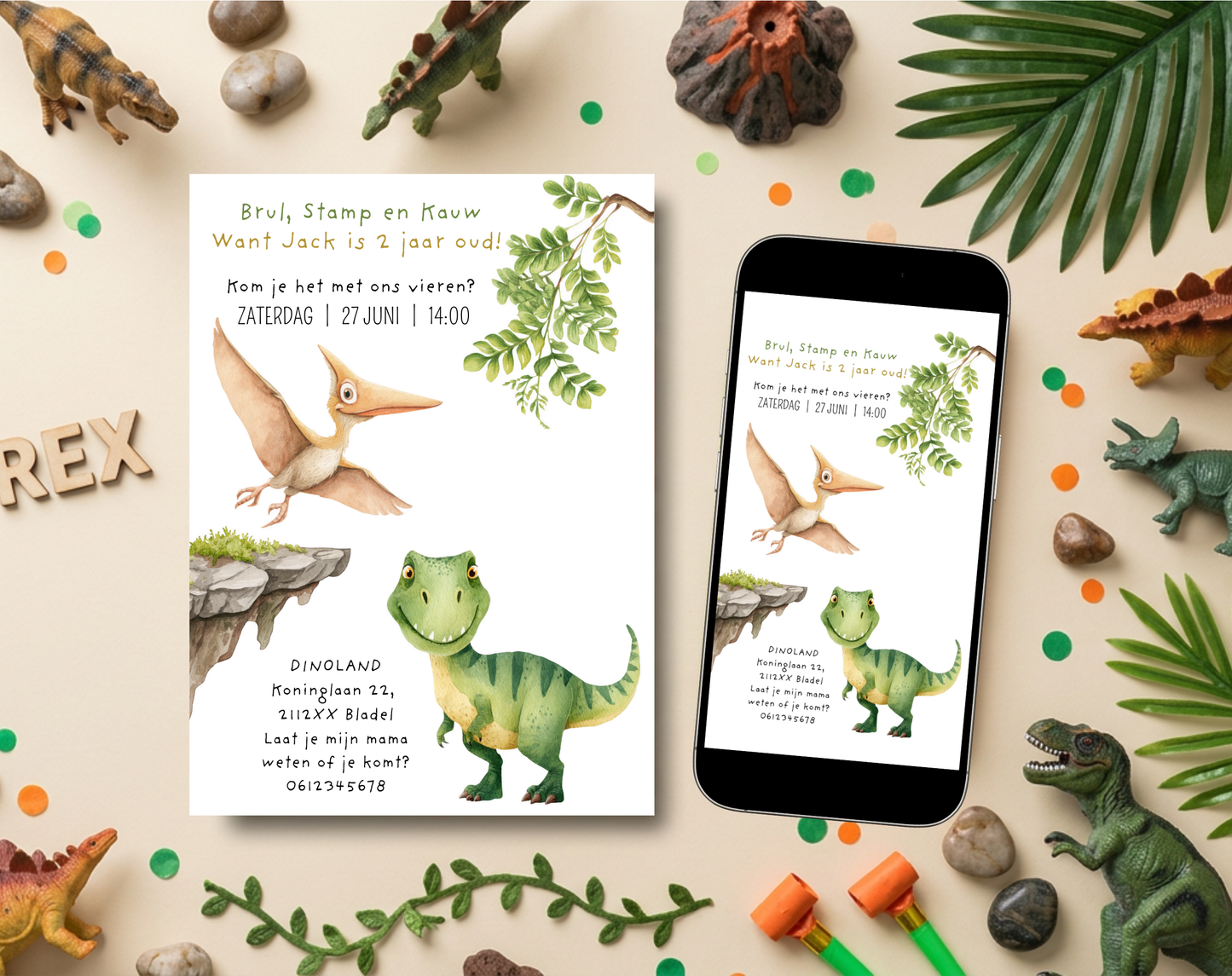 Dinosaurus Uitnodiging 2 Jaar T-Rex | Bewerkbare Canva Template | A5 A6 WhatsApp | Download