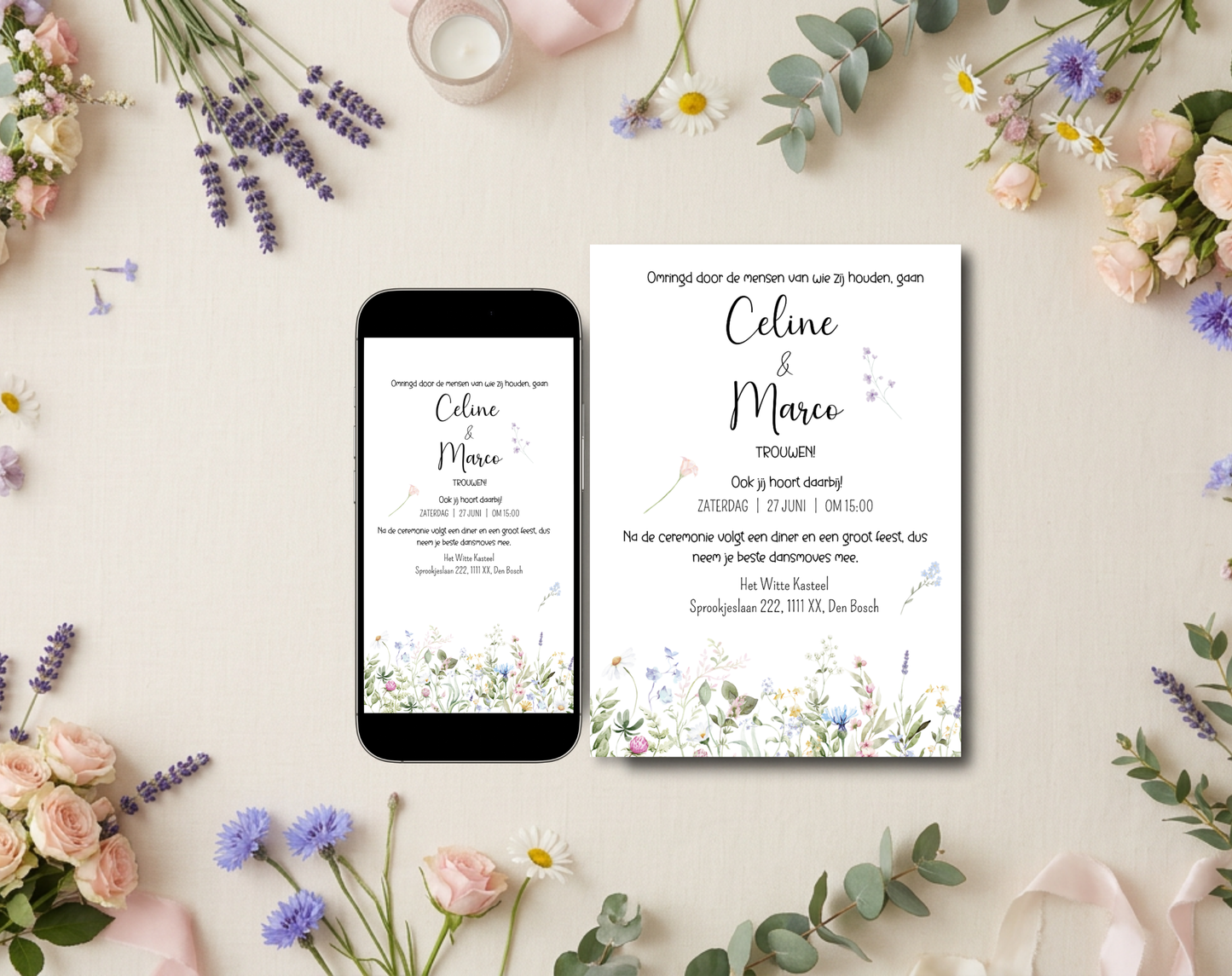 Wilde Bloemen Bruiloft Uitnodigingstemplate Wit | Bewerkbare Canva Template | A5, A6 & WhatsApp | Digitale Download