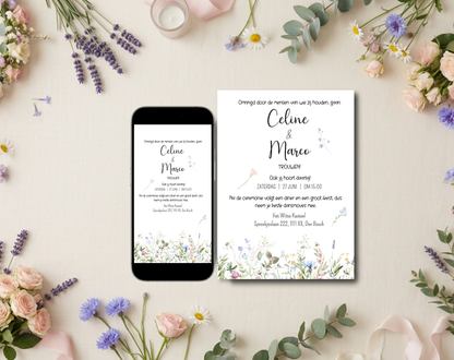 Wilde Bloemen Bruiloft Uitnodigingstemplate Wit | Bewerkbare Canva Template | A5, A6 & WhatsApp | Digitale Download