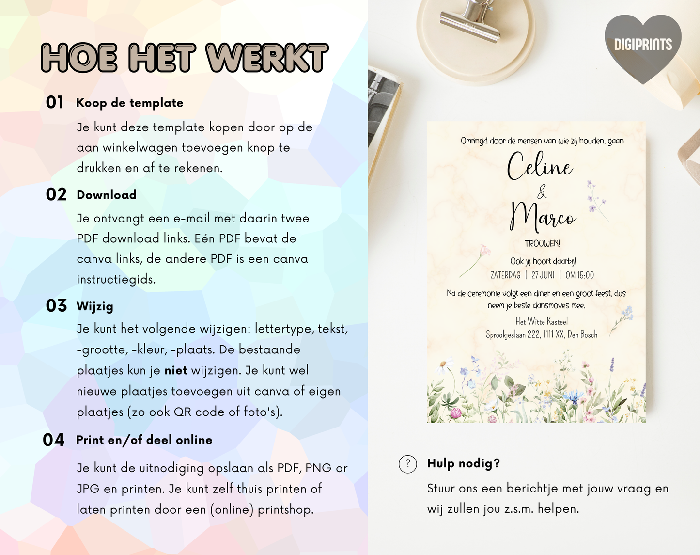Wilde Bloemen Bruiloft Uitnodigingstemplate Beige | Bewerkbare Canva Template | A5, A6 & WhatsApp | Digitale Download