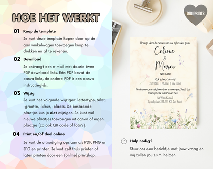 Wilde Bloemen Bruiloft Uitnodigingstemplate Beige | Bewerkbare Canva Template | A5, A6 & WhatsApp | Digitale Download