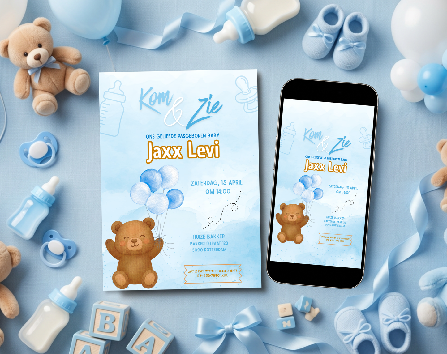 Beer Kraamvisite Uitnodigingstemplate | Bewerkbare Canva Template | A5, A6 & WhatsApp | Digitale Download