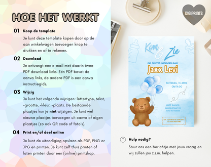Beer Kraamvisite Uitnodigingstemplate | Bewerkbare Canva Template | A5, A6 & WhatsApp | Digitale Download