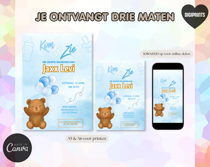 Beer Kraamvisite Uitnodigingstemplate | Bewerkbare Canva Template | A5, A6 & WhatsApp | Digitale Download