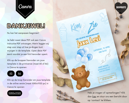 Beer Kraamvisite Uitnodigingstemplate | Bewerkbare Canva Template | A5, A6 & WhatsApp | Digitale Download