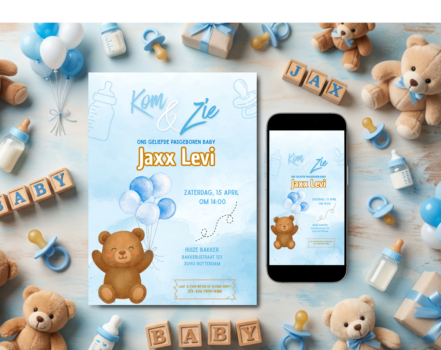 Beer Kraamvisite Uitnodigingstemplate | Bewerkbare Canva Template | A5, A6 & WhatsApp | Digitale Download