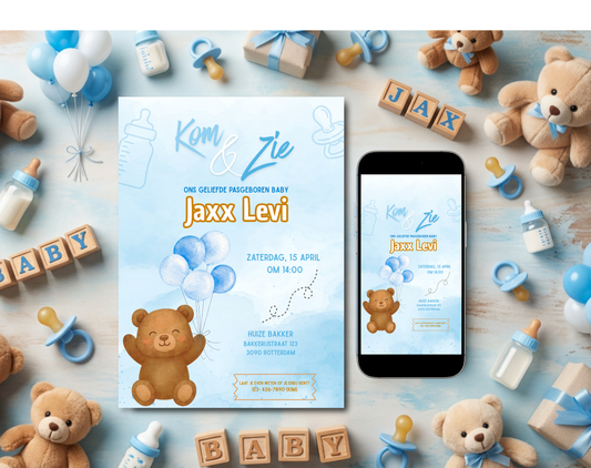 Beer Kraamvisite Uitnodigingstemplate | Bewerkbare Canva Template | A5, A6 & WhatsApp | Digitale Download