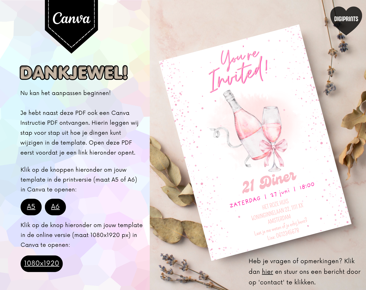 Roze Bubbels 21 Diner Uitnodiging | Bewerkbare Canva Template | A5 A6 WhatsApp | Download