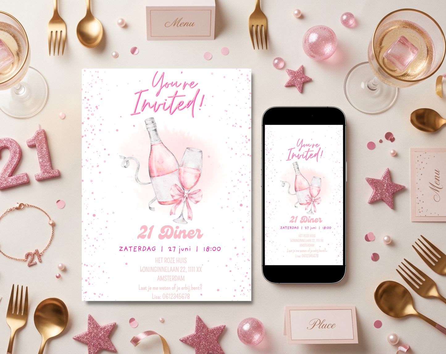 Roze Bubbels 21 Diner Uitnodiging | Bewerkbare Canva Template | A5 A6 WhatsApp | Download