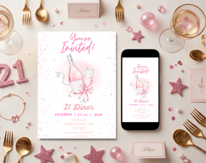 Roze Bubbels 21 Diner Uitnodiging | Bewerkbare Canva Template | A5 A6 WhatsApp | Download