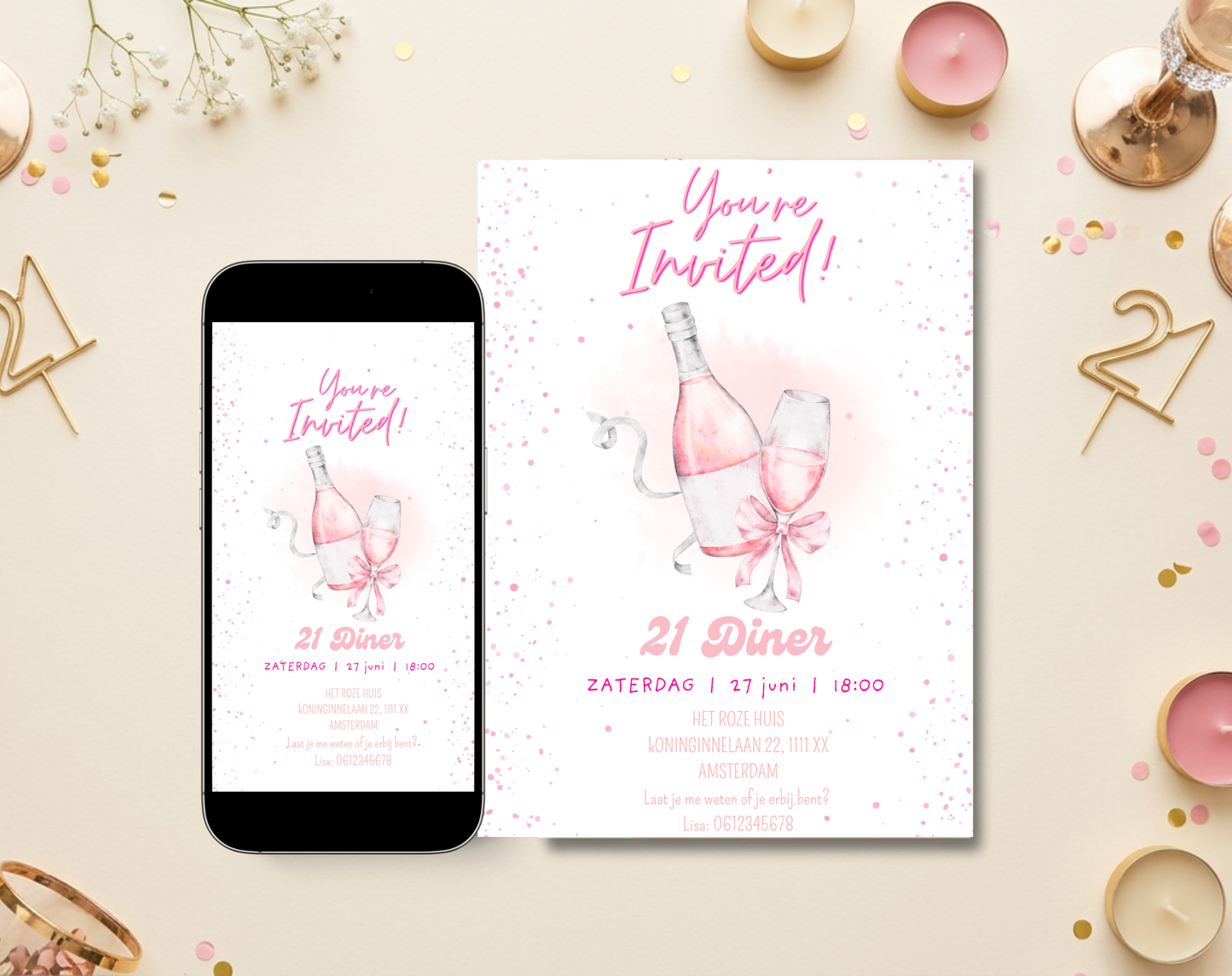 Roze Bubbels 21 Diner Uitnodiging | Bewerkbare Canva Template | A5 A6 WhatsApp | Download
