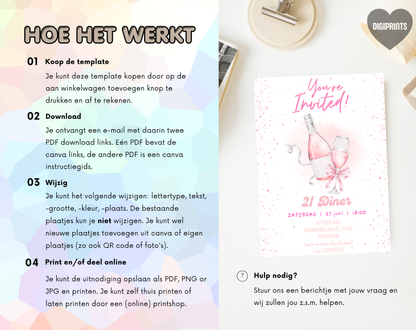Roze Bubbels 21 Diner Uitnodiging | Bewerkbare Canva Template | A5 A6 WhatsApp | Download