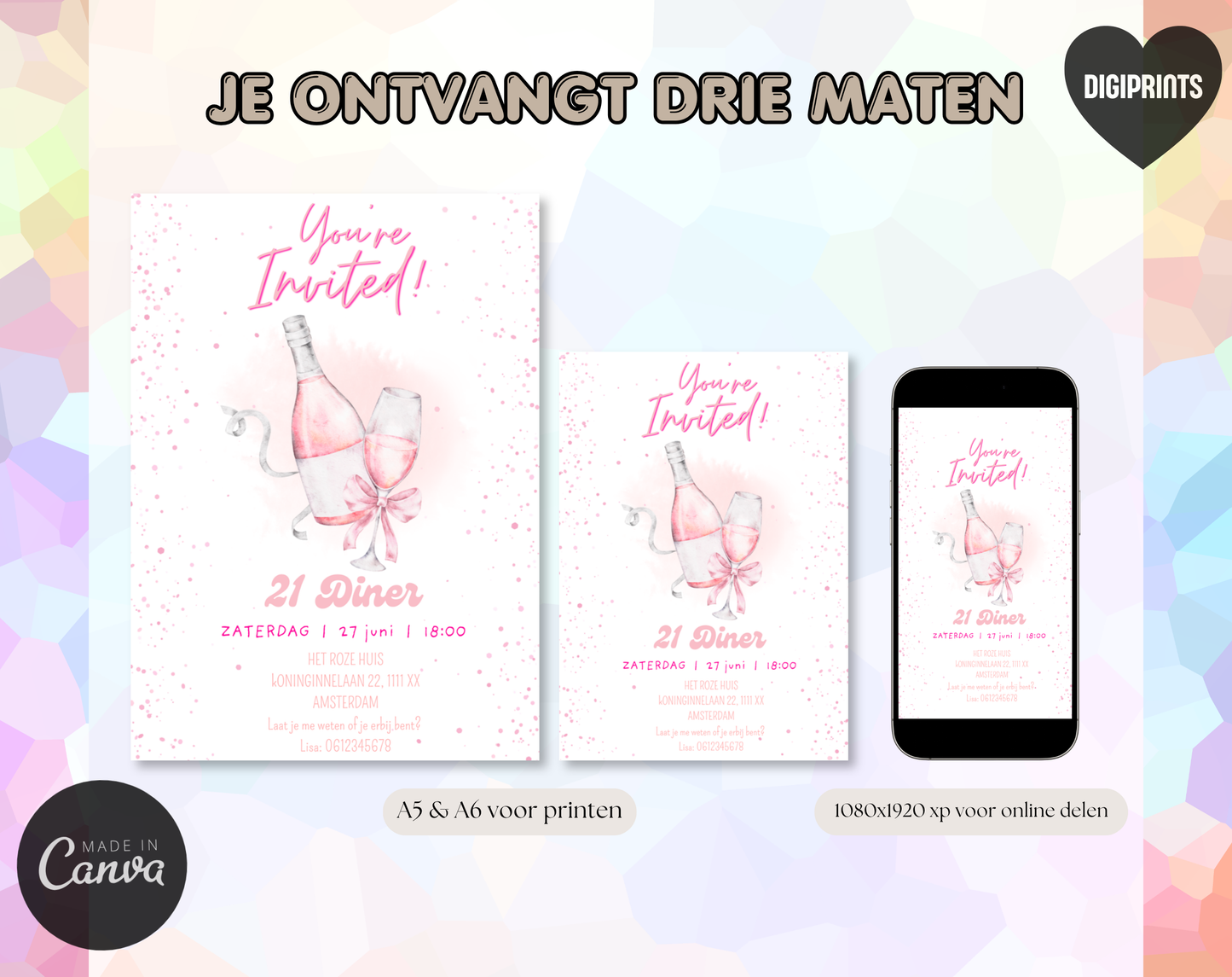 Roze Bubbels 21 Diner Uitnodiging | Bewerkbare Canva Template | A5 A6 WhatsApp | Download