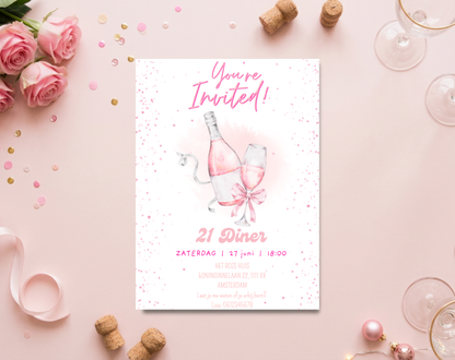 Roze Bubbels 21 Diner Uitnodiging | Bewerkbare Canva Template | A5 A6 WhatsApp | Download
