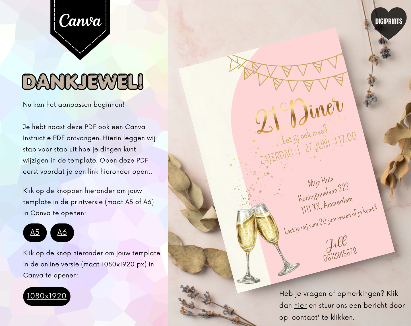 21 Diner Uitnodiging Goud Roze Champagne | Canva Template | A5 A6 WhatsApp | Download