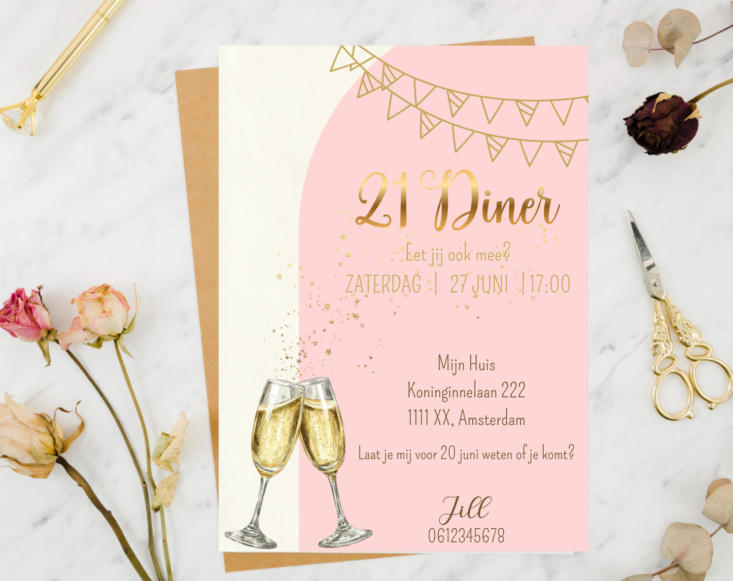 21 Diner Uitnodiging Goud Roze Champagne | Canva Template | A5 A6 WhatsApp | Download