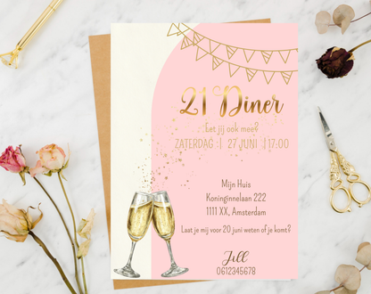 21 Diner Uitnodiging Goud Roze Champagne | Canva Template | A5 A6 WhatsApp | Download