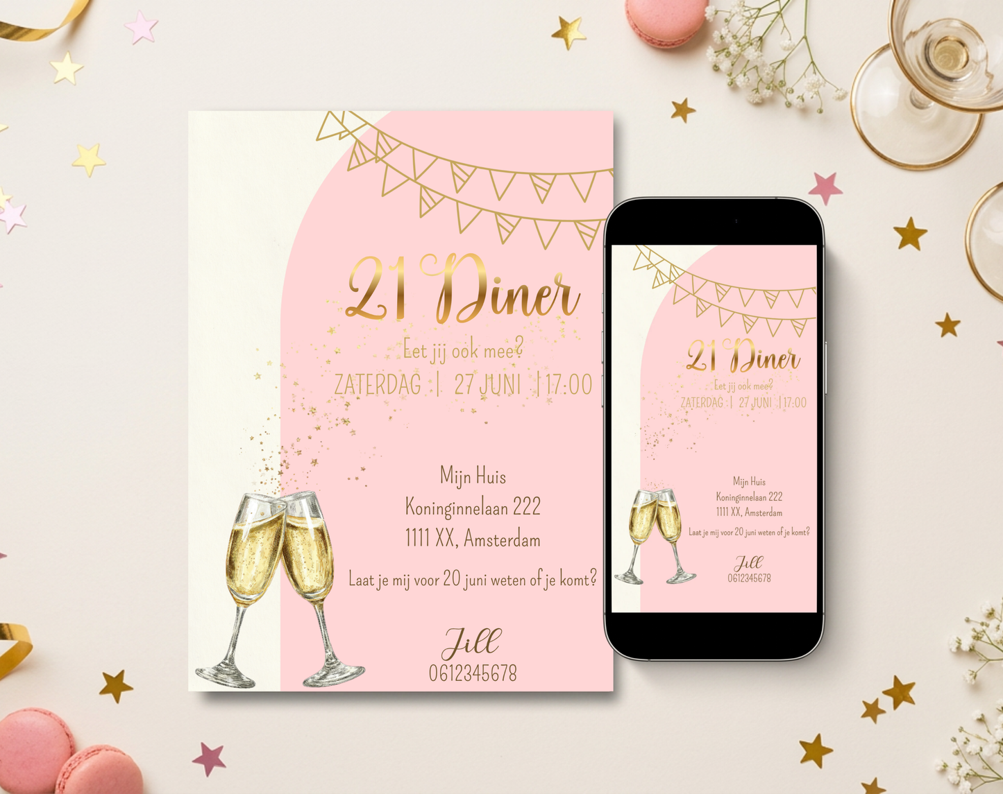 21 Diner Uitnodiging Goud Roze Champagne | Canva Template | A5 A6 WhatsApp | Download