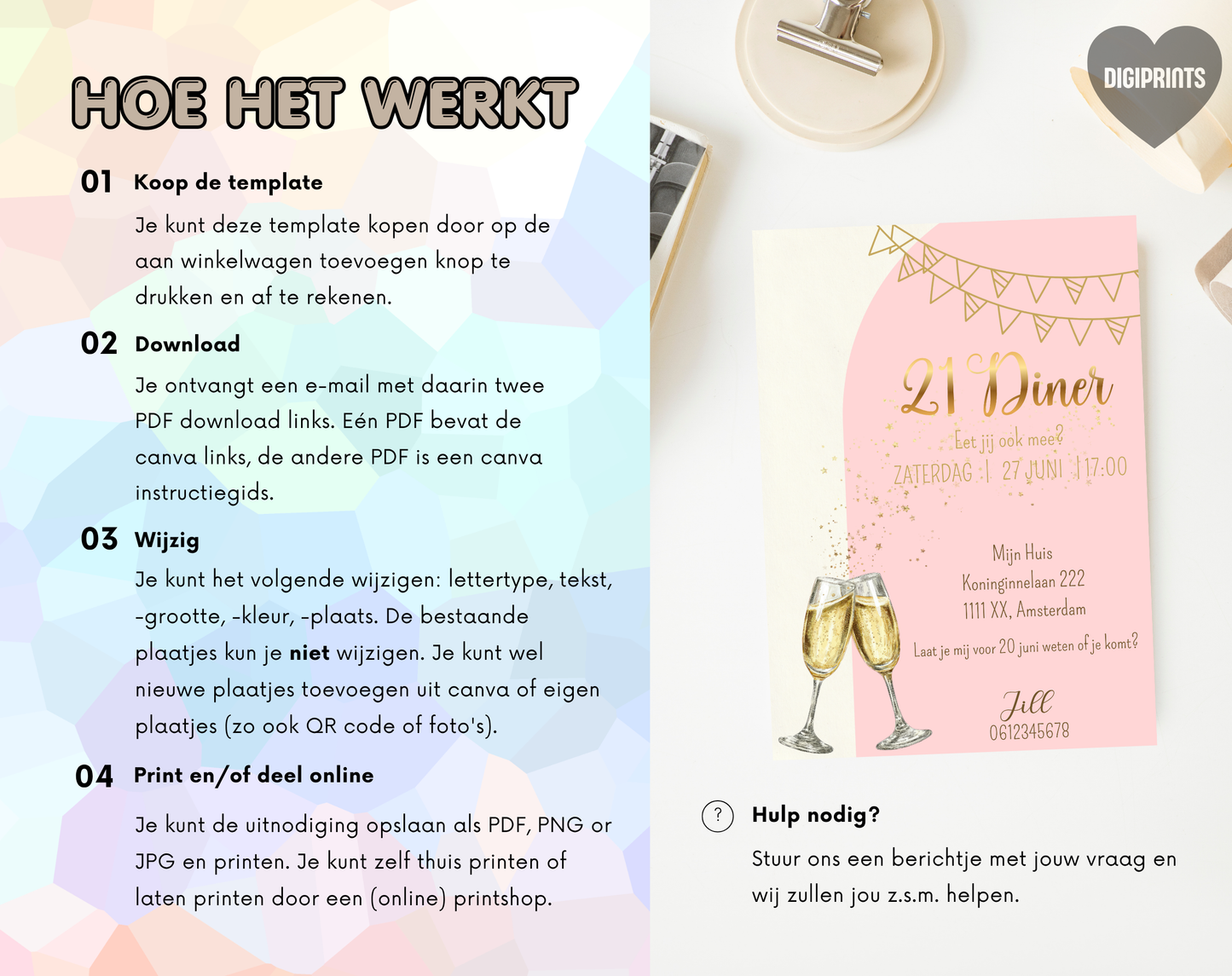 21 Diner Uitnodiging Goud Roze Champagne | Canva Template | A5 A6 WhatsApp | Download