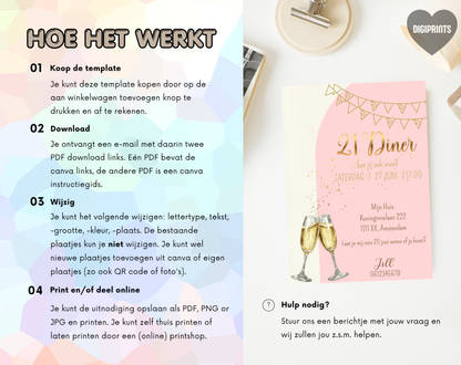 21 Diner Uitnodiging Goud Roze Champagne | Canva Template | A5 A6 WhatsApp | Download