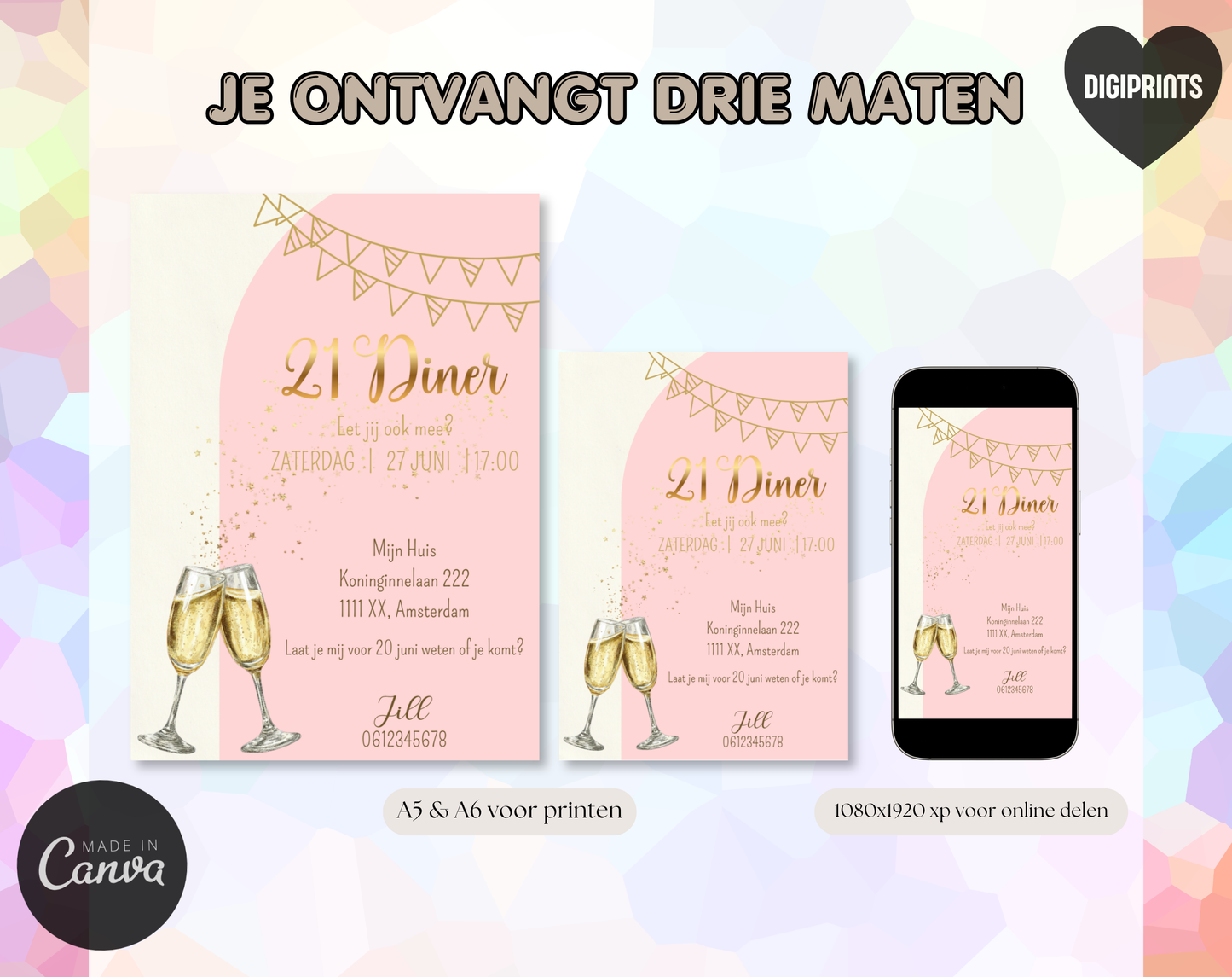 21 Diner Uitnodiging Goud Roze Champagne | Canva Template | A5 A6 WhatsApp | Download