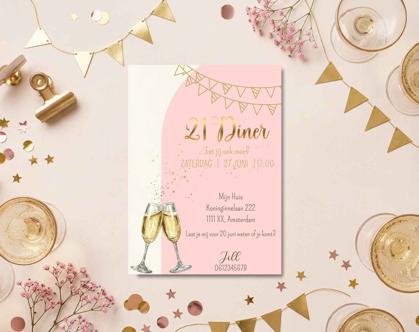 21 Diner Uitnodiging Goud Roze Champagne | Canva Template | A5 A6 WhatsApp | Download