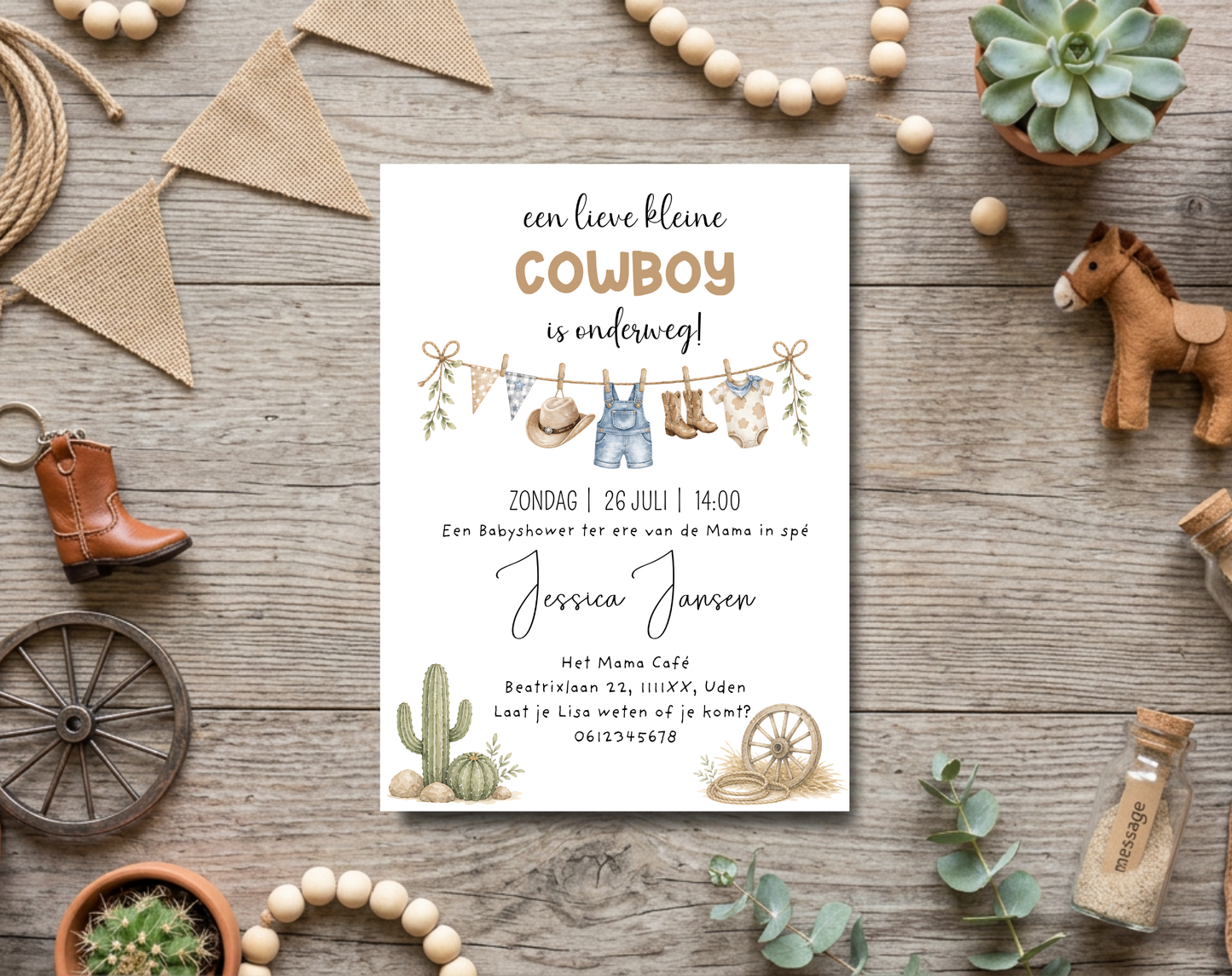 Cowboy Babyshower Uitnodigingstemplate | Bewerkbare Canva Template | A5, A6 & WhatsApp | Digitale Download