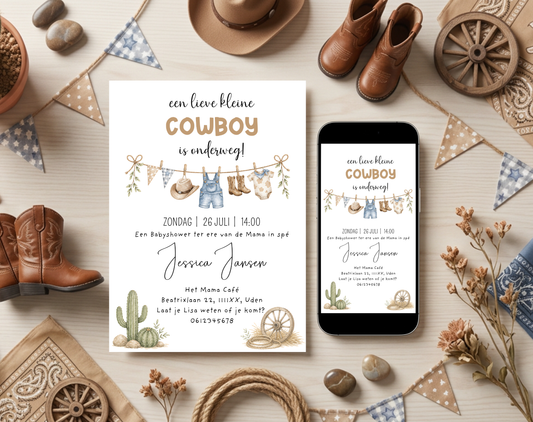 Cowboy Babyshower Uitnodigingstemplate | Bewerkbare Canva Template | A5, A6 & WhatsApp | Digitale Download