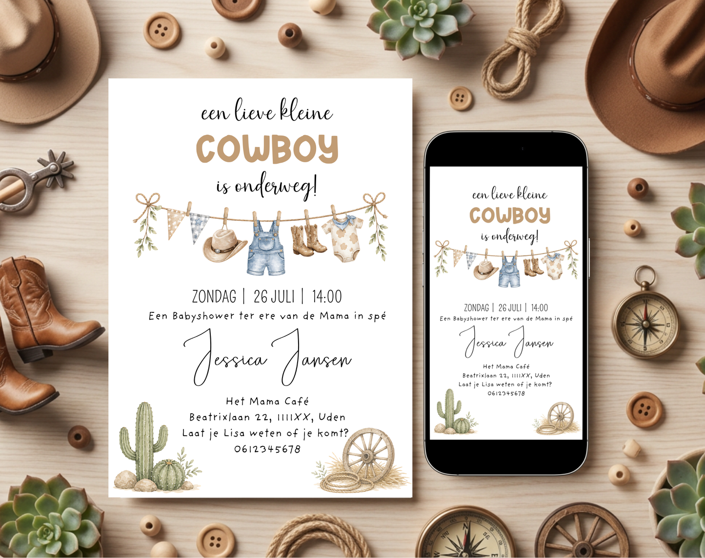 Cowboy Babyshower Uitnodigingstemplate | Bewerkbare Canva Template | A5, A6 & WhatsApp | Digitale Download