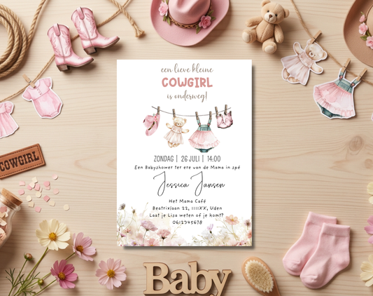Cowgirl Babyshower Uitnodigingstemplate | Bewerkbare Canva Template | A5, A6 & WhatsApp | Digitale Download