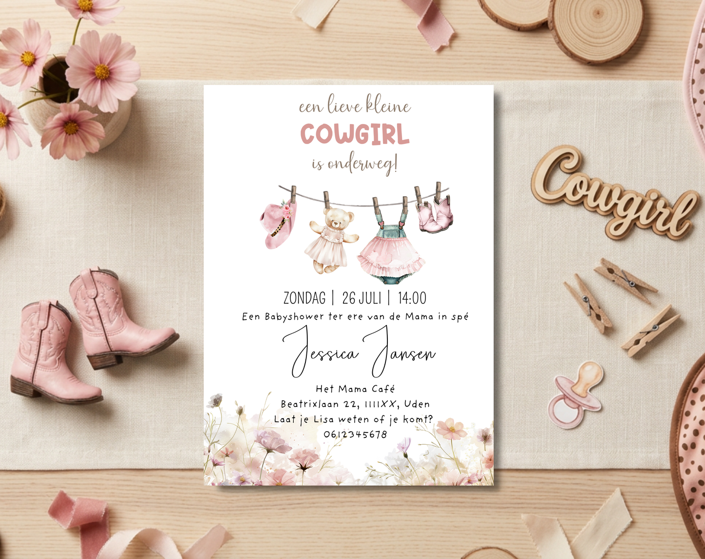 Cowgirl Babyshower Uitnodigingstemplate | Bewerkbare Canva Template | A5, A6 & WhatsApp | Digitale Download