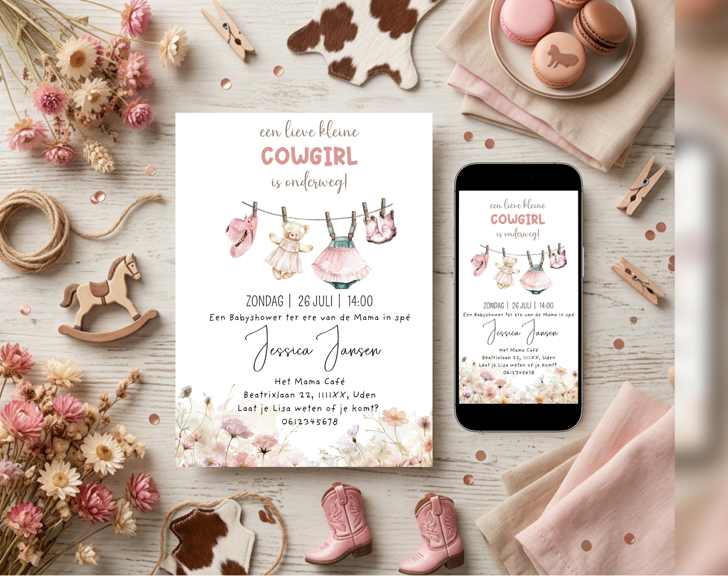 Cowgirl Babyshower Uitnodigingstemplate | Bewerkbare Canva Template | A5, A6 & WhatsApp | Digitale Download