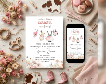 Cowgirl Babyshower Uitnodigingstemplate | Bewerkbare Canva Template | A5, A6 & WhatsApp | Digitale Download