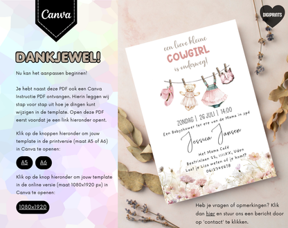 Cowgirl Babyshower Uitnodigingstemplate | Bewerkbare Canva Template | A5, A6 & WhatsApp | Digitale Download