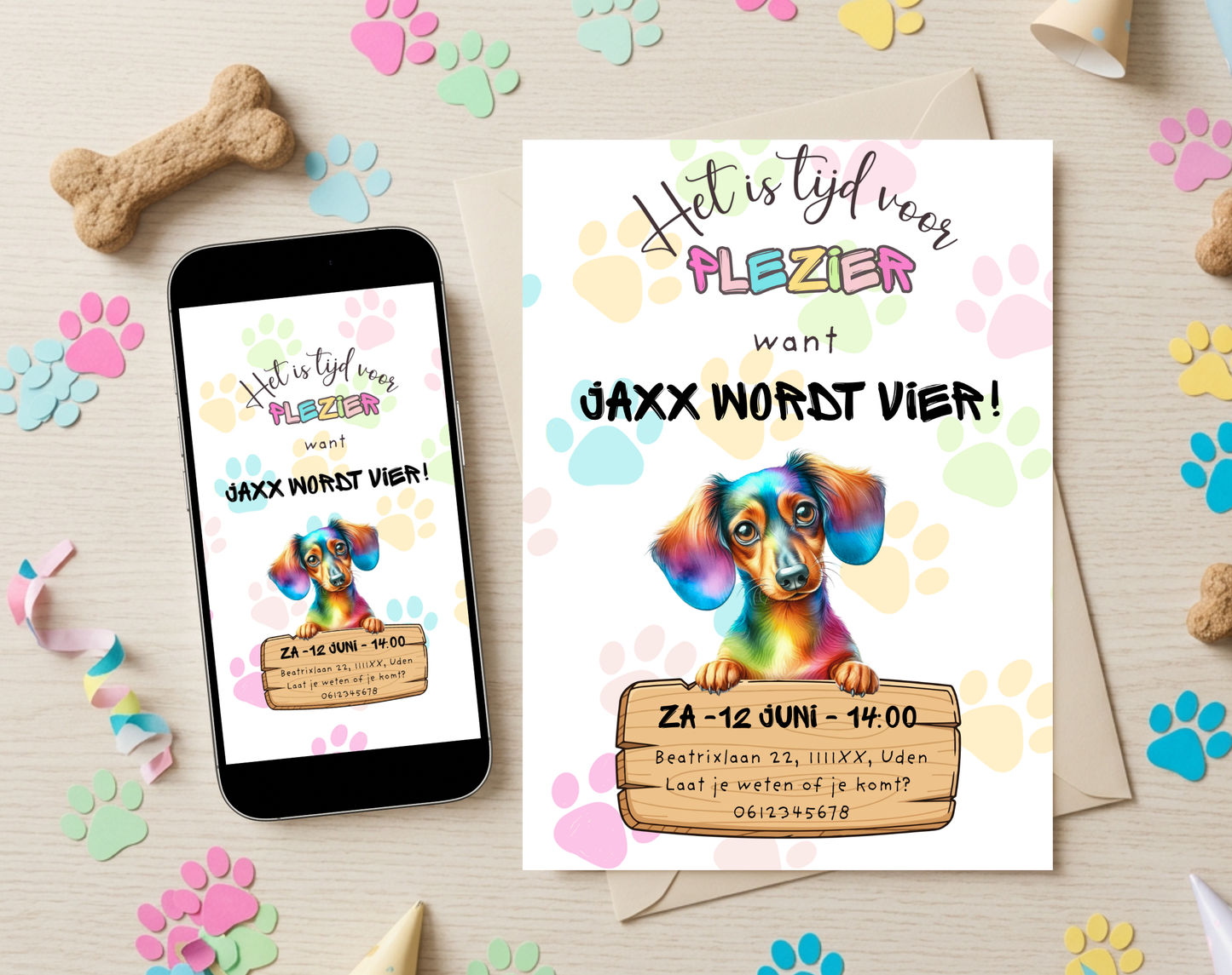 Hondenthema Verjaardagsuitnodiging Canva Template | Kinderfeest & Hondenverjaardag | A5, A6 & WhatsApp | Digitale Download