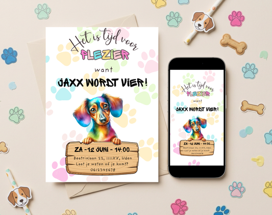Hondenthema Verjaardagsuitnodiging Canva Template | Kinderfeest & Hondenverjaardag | A5, A6 & WhatsApp | Digitale Download