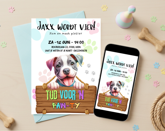 Paw-ty Hondenthema Verjaardagsuitnodiging Canva Template | Kinderfeest of Hondenkind | A5, A6 & WhatsApp | Digitale Download