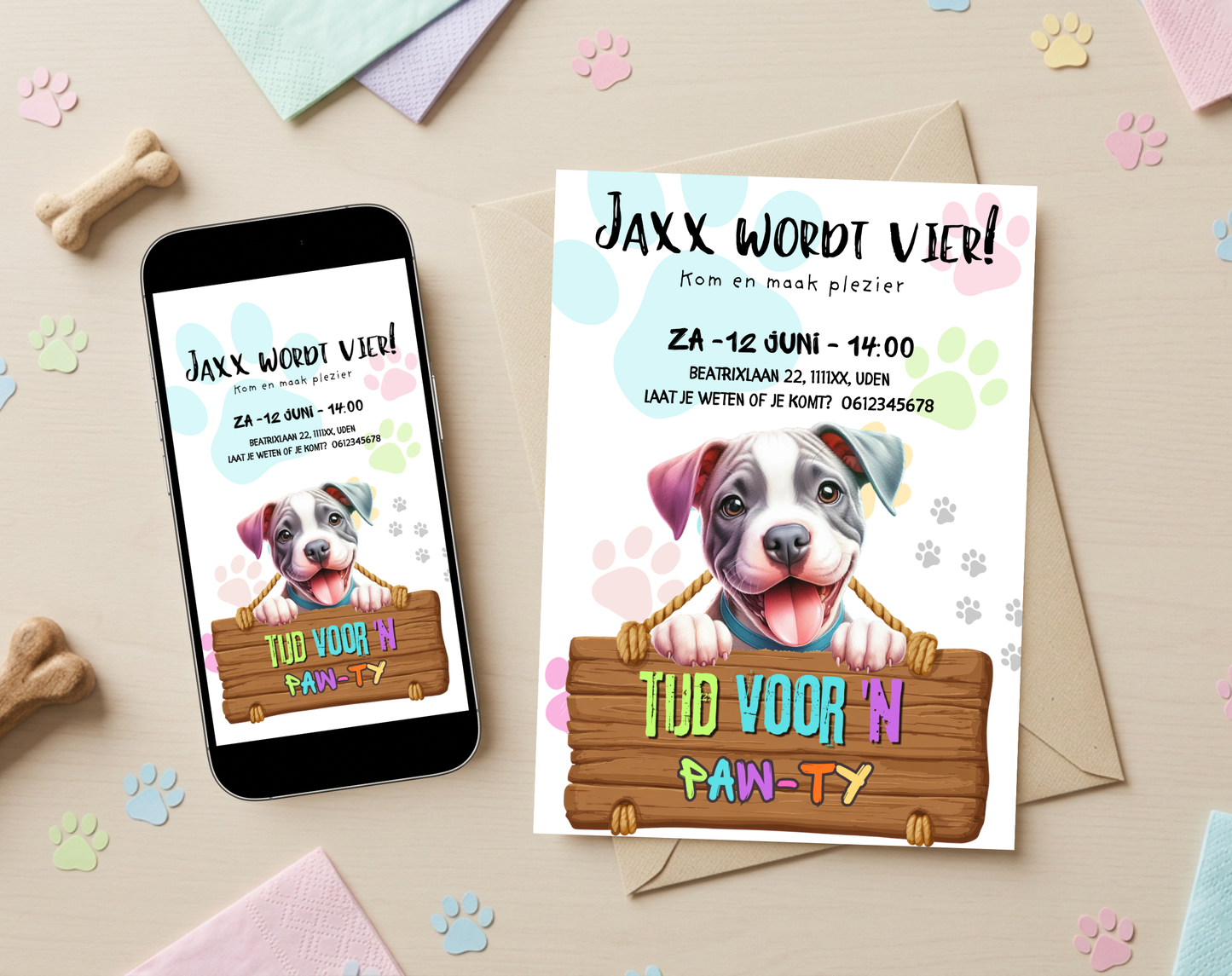 Paw-ty Hondenthema Verjaardagsuitnodiging Canva Template | Kinderfeest of Hondenkind | A5, A6 & WhatsApp | Digitale Download