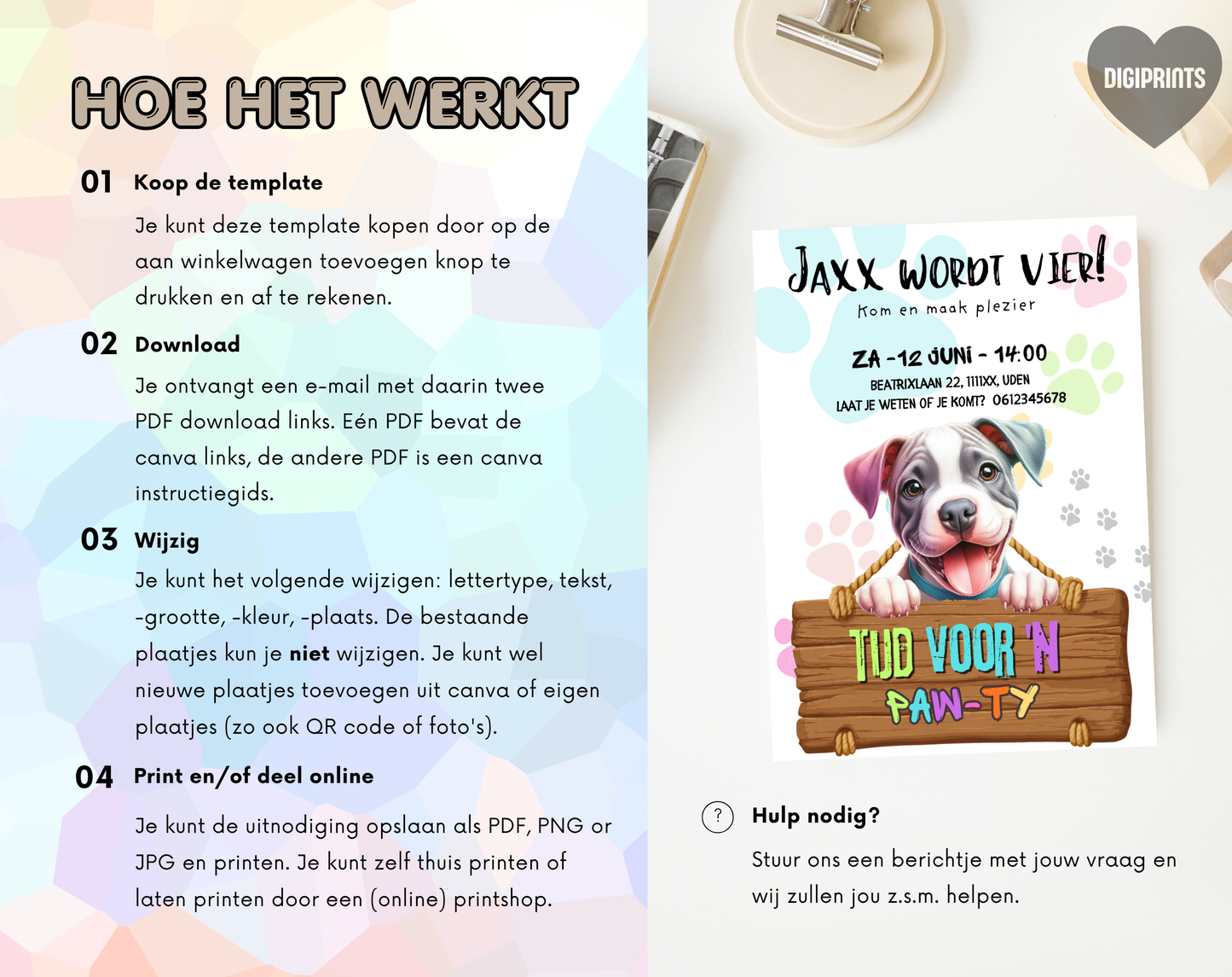 Paw-ty Hondenthema Verjaardagsuitnodiging Canva Template | Kinderfeest of Hondenkind | A5, A6 & WhatsApp | Digitale Download