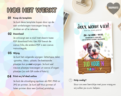 Paw-ty Hondenthema Verjaardagsuitnodiging Canva Template | Kinderfeest of Hondenkind | A5, A6 & WhatsApp | Digitale Download