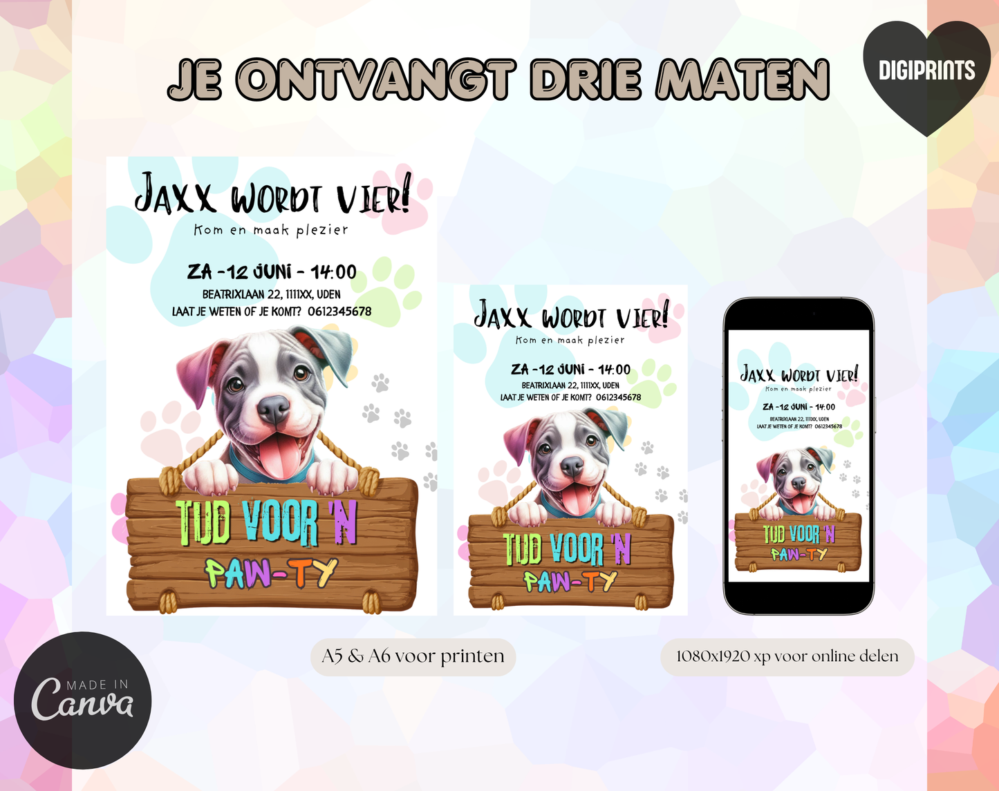 Paw-ty Hondenthema Verjaardagsuitnodiging Canva Template | Kinderfeest of Hondenkind | A5, A6 & WhatsApp | Digitale Download