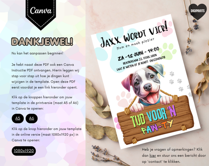 Paw-ty Hondenthema Verjaardagsuitnodiging Canva Template | Kinderfeest of Hondenkind | A5, A6 & WhatsApp | Digitale Download