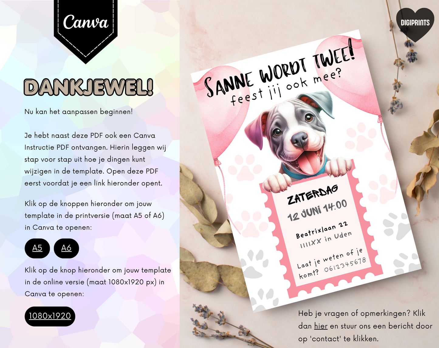 Puppy Roze Verjaardagsuitnodiging Canva Template | Meisjesfeest of Hondenkind | A5, A6 & WhatsApp | Digitale Download