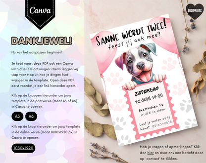 Puppy Roze Verjaardagsuitnodiging Canva Template | Meisjesfeest of Hondenkind | A5, A6 & WhatsApp | Digitale Download