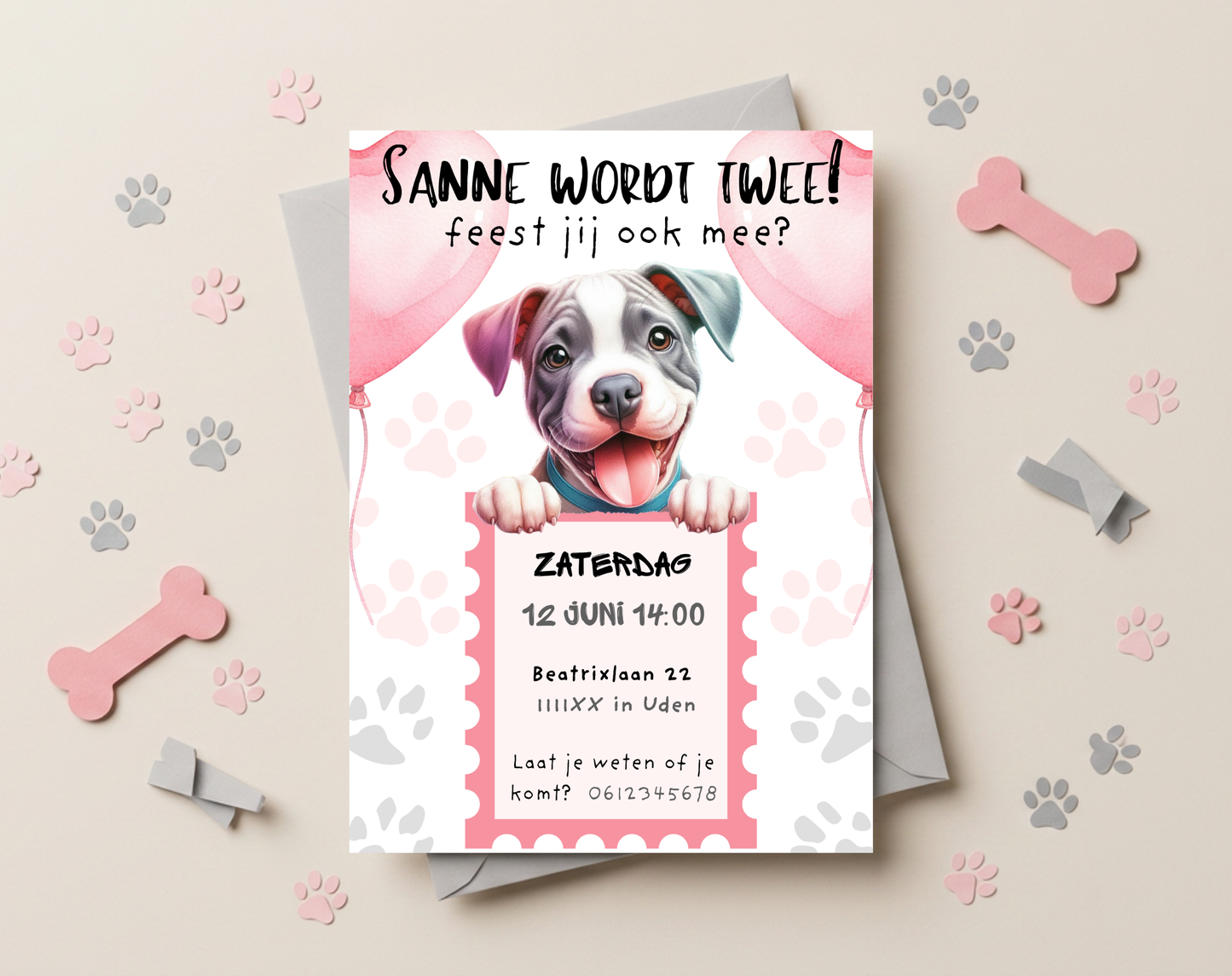 Puppy Roze Verjaardagsuitnodiging Canva Template | Meisjesfeest of Hondenkind | A5, A6 & WhatsApp | Digitale Download