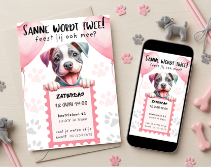 Puppy Roze Verjaardagsuitnodiging Canva Template | Meisjesfeest of Hondenkind | A5, A6 & WhatsApp | Digitale Download