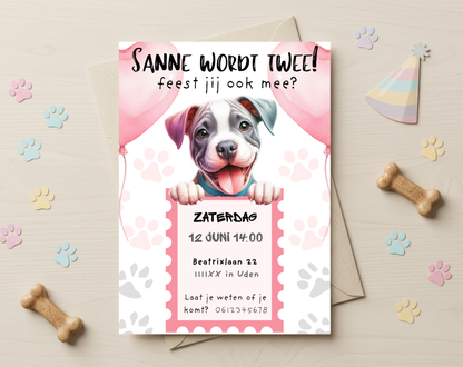 Puppy Roze Verjaardagsuitnodiging Canva Template | Meisjesfeest of Hondenkind | A5, A6 & WhatsApp | Digitale Download