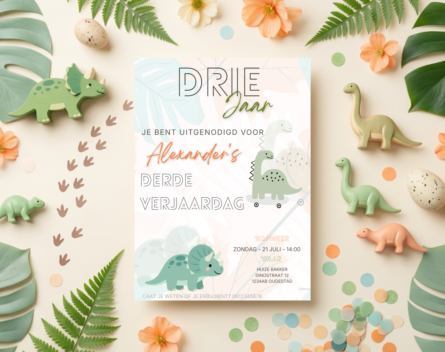 Dino Derde Verjaardag Uitnodigingstemplate | Bewerkbare Canva Template | A5, A6 & WhatsApp | Digitale Download