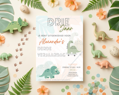 Dino Derde Verjaardag Uitnodigingstemplate | Bewerkbare Canva Template | A5, A6 & WhatsApp | Digitale Download