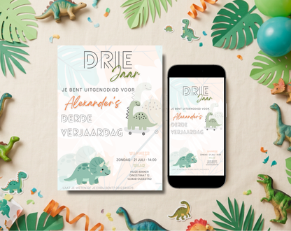 Dino Derde Verjaardag Uitnodigingstemplate | Bewerkbare Canva Template | A5, A6 & WhatsApp | Digitale Download